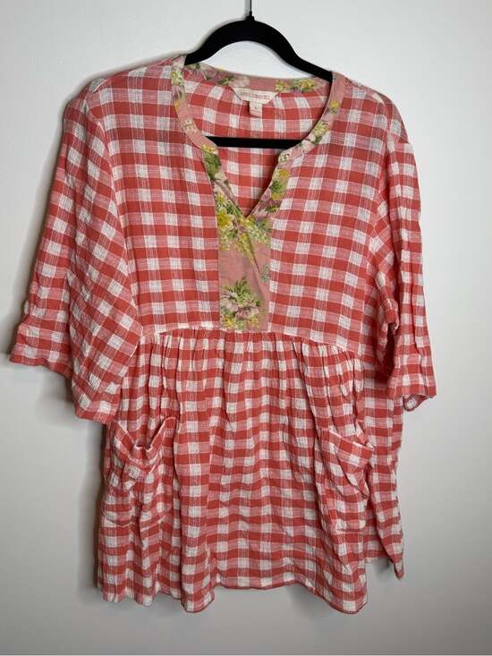 April Cornell Tops - April Cornell Coral and White Gingham Peasant Top with Floral Trim size XL